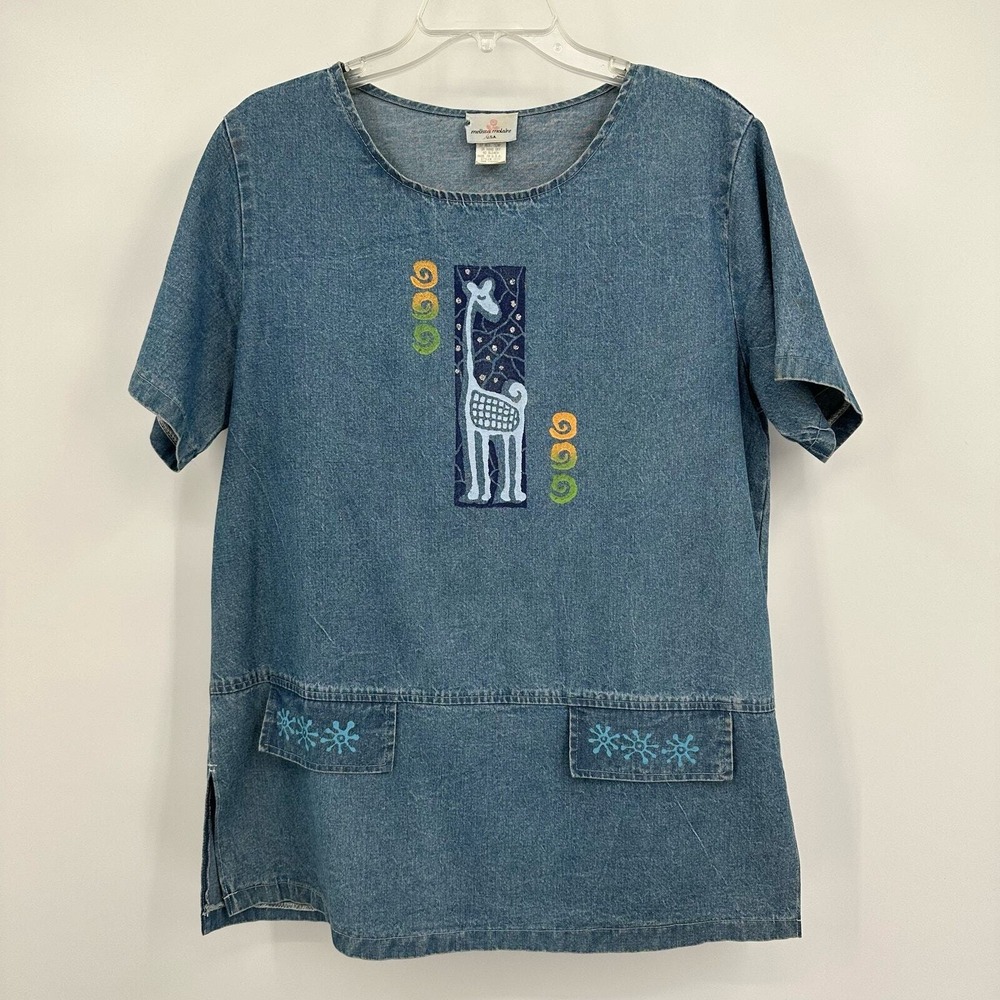 Womens Whimsical Denim Top Size L Artsy‎ Embroidered Giraffe Cottagecore Playful
